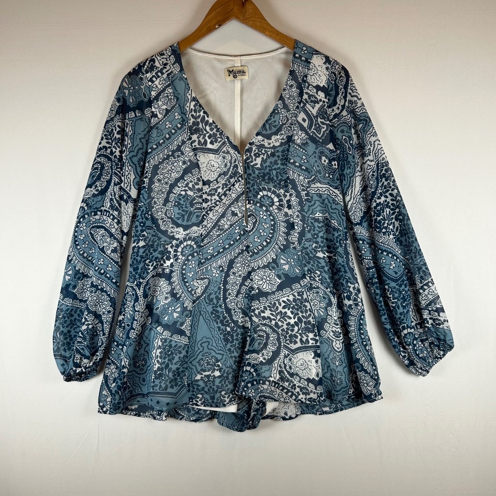 Show Me Your Mumu Blue Paisley Print Bailey Back‎ Tie Romper Long Sleeve XS